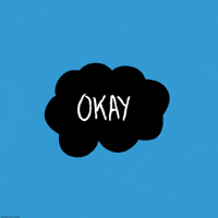 Text gif. The word, "okay," is in the middle of a black cloud and the blue background gets overloaded with more with okays.